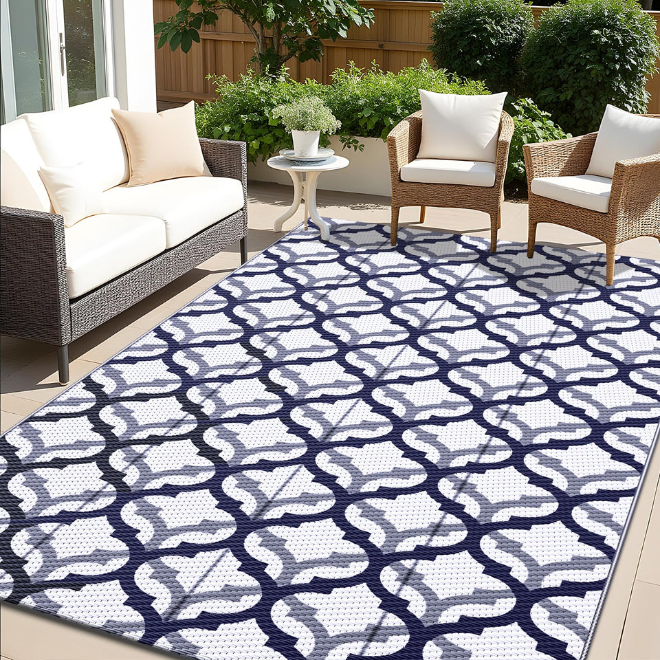 OLANLY reversible outdoor rug in navy and white offers dual textures for quick decor refresh.