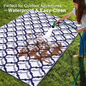 OLANLY reversible outdoor rug used as RV mat in outdoor space