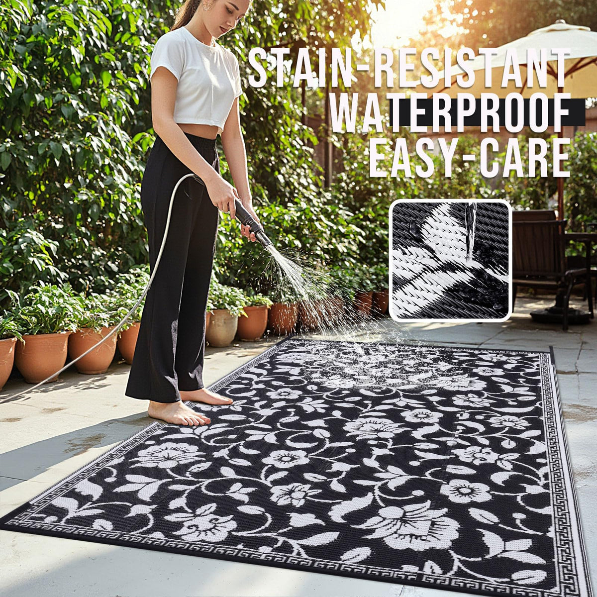 OLANLY reversible outdoor rug showing two decor options.