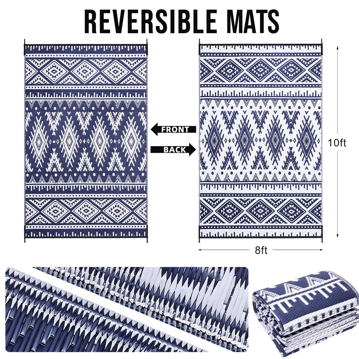 OLANLY reversible rug with dual patterns, ideal for versatile outdoor styling on balconies.