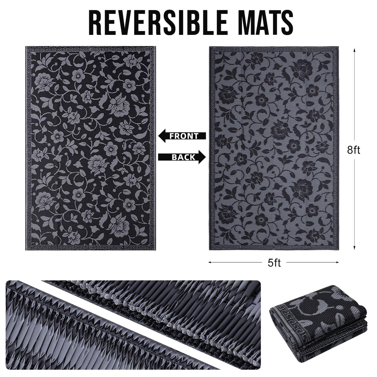 OLANLY reversible RV mat shows flower motif, ideal for camping and balconies