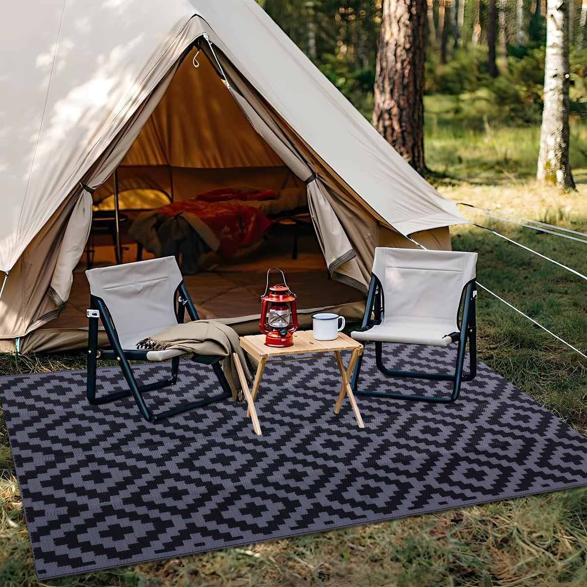OLANLY RV camping rug laid on gravel for outdoor living