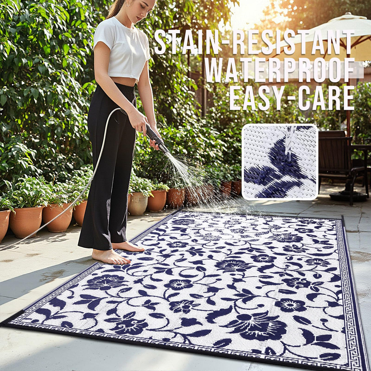 OLANLY portable RV outdoor rug with carrying case for easy travel.