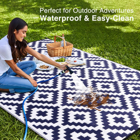 OLANLY UV protected patio rug maintains bright navy and white colors