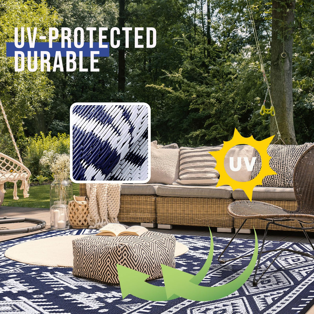 OLANLY UV-protected rug resists fading while staying vibrant under sunlit patios.