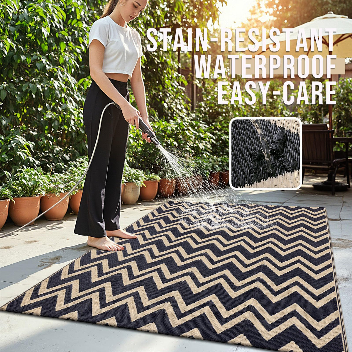 OLANLY UV-resistant rug keeps colors vibrant on sunlit decks.