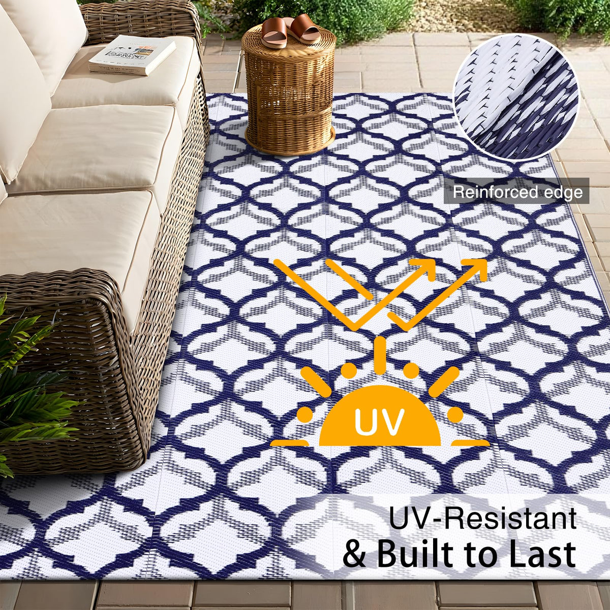 OLANLY UV-resistant patio rug maintains vibrant colors on decks and balconies.