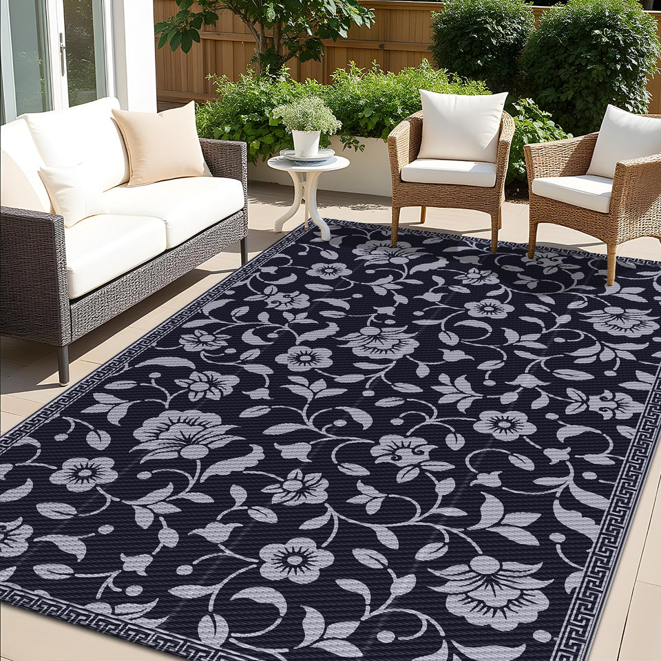 OLANLY waterproof outdoor rug 5x8 with black-grey floral pattern for patios