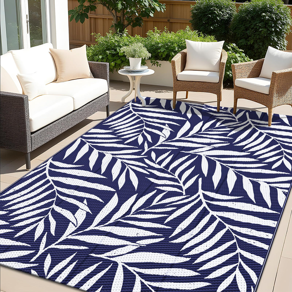OLANLY waterproof outdoor rug 5x8—overall view, durable navy leaves for patios and decks.