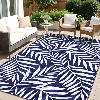 OLANLY waterproof outdoor rug 5x8—overall view, durable navy leaves for patios and decks.