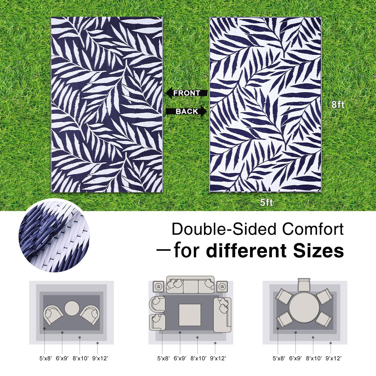 OLANLY rug shown with reversible sides for versatile outdoor styling.