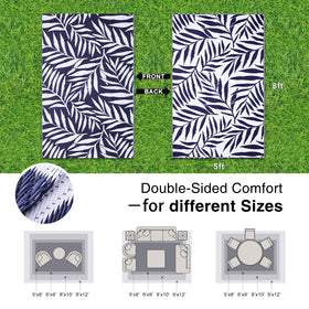 OLANLY rug shown with reversible sides for versatile outdoor styling.
