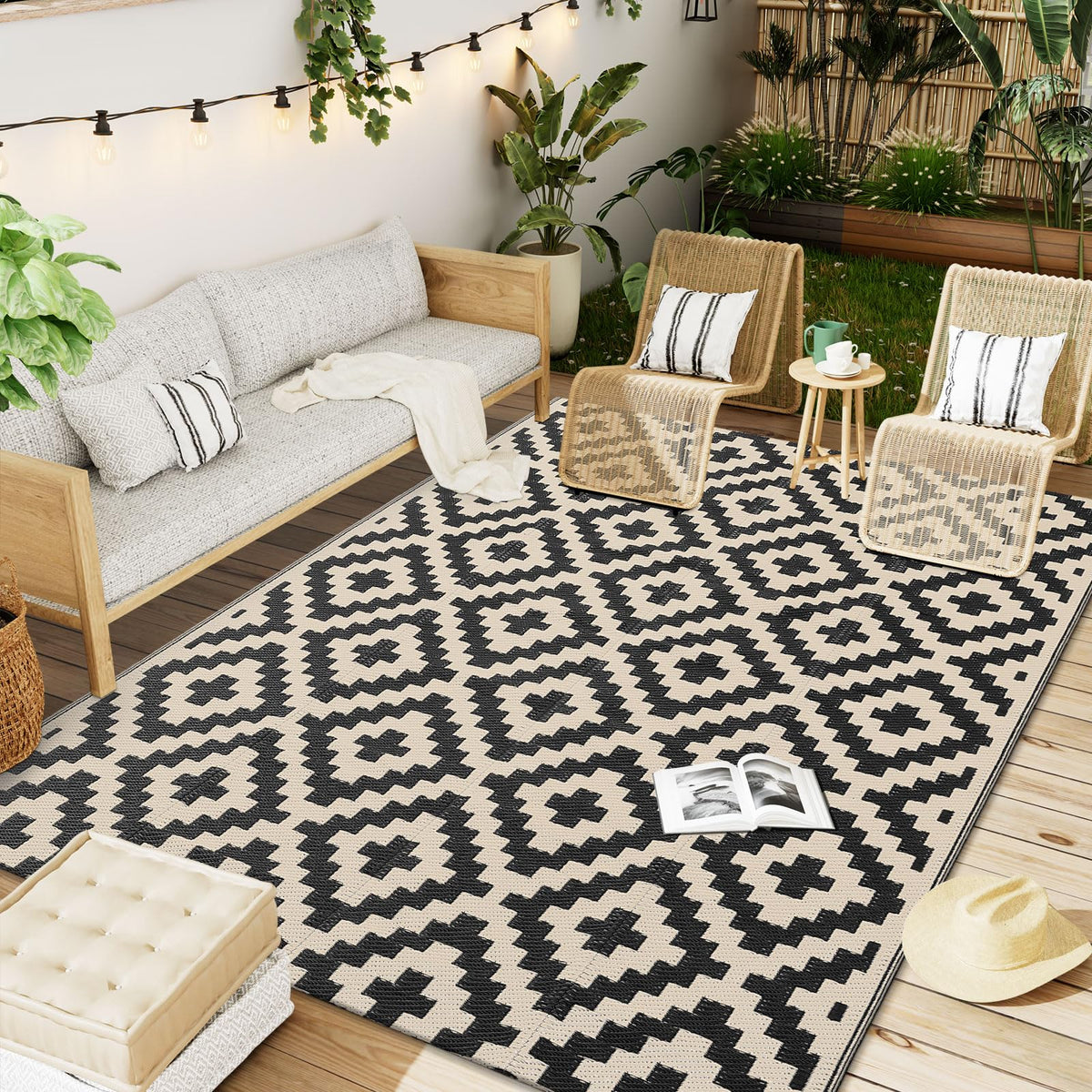 OLANLY waterproof outdoor rug 5x8 on porch and deck, durable and weather-ready.
