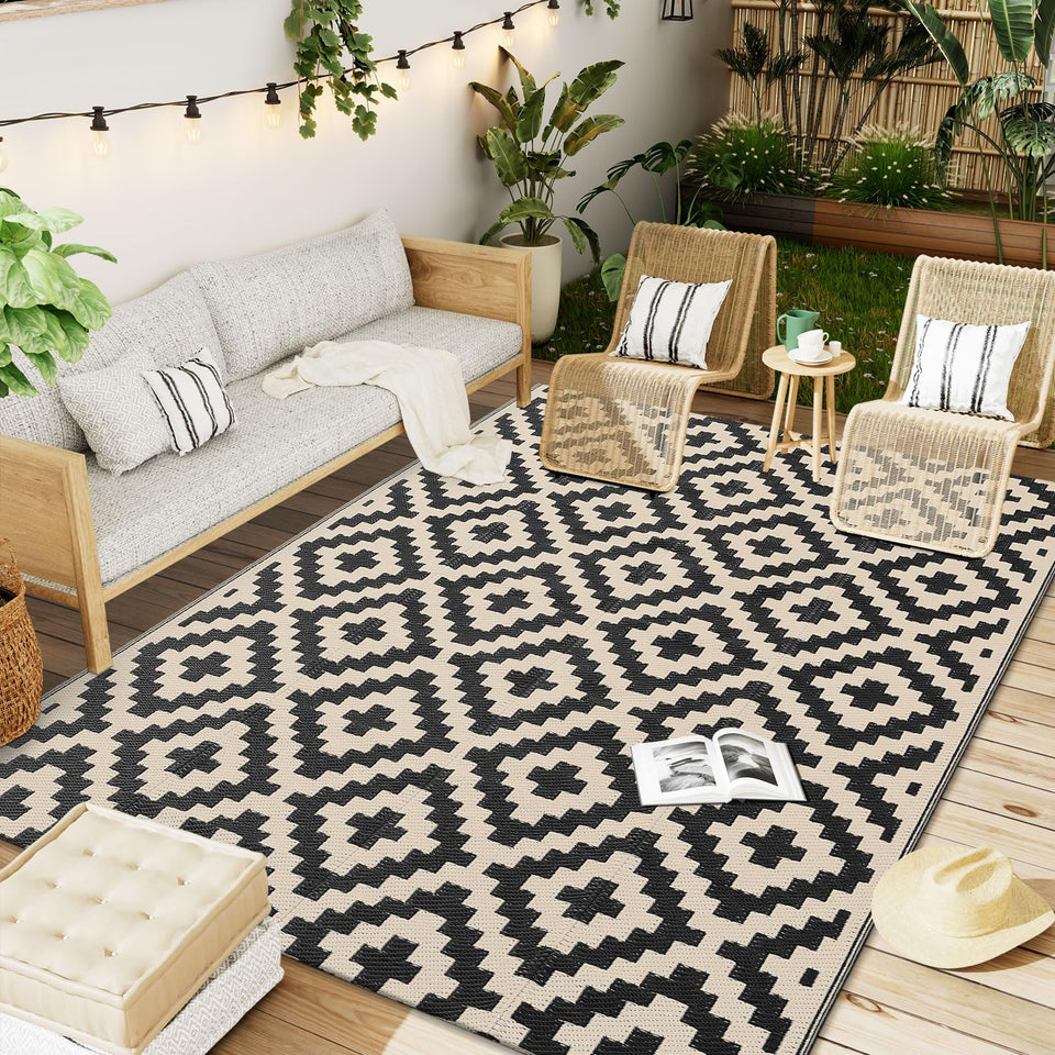 OLANLY waterproof outdoor rug 5x8 on porch and deck, durable and weather-ready.