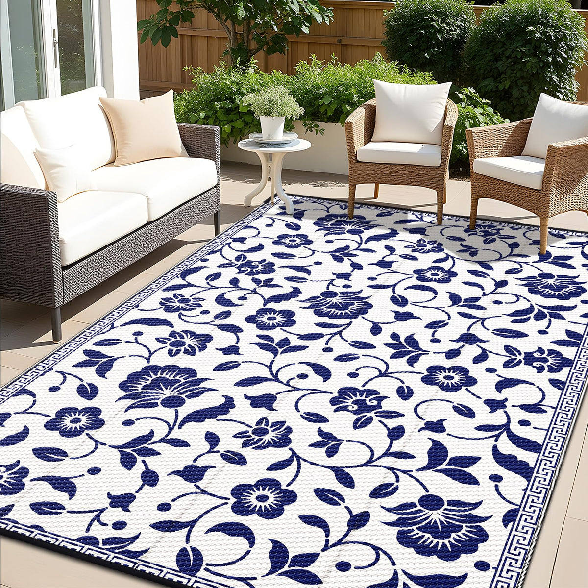 OLANLY waterproof outdoor rug with navy and white floral pattern for patios.