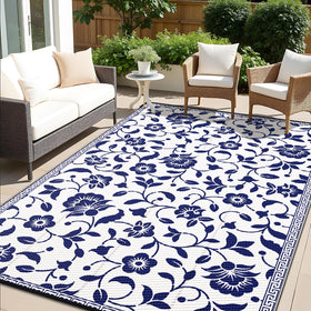 OLANLY waterproof outdoor rug with navy and white floral pattern for patios.