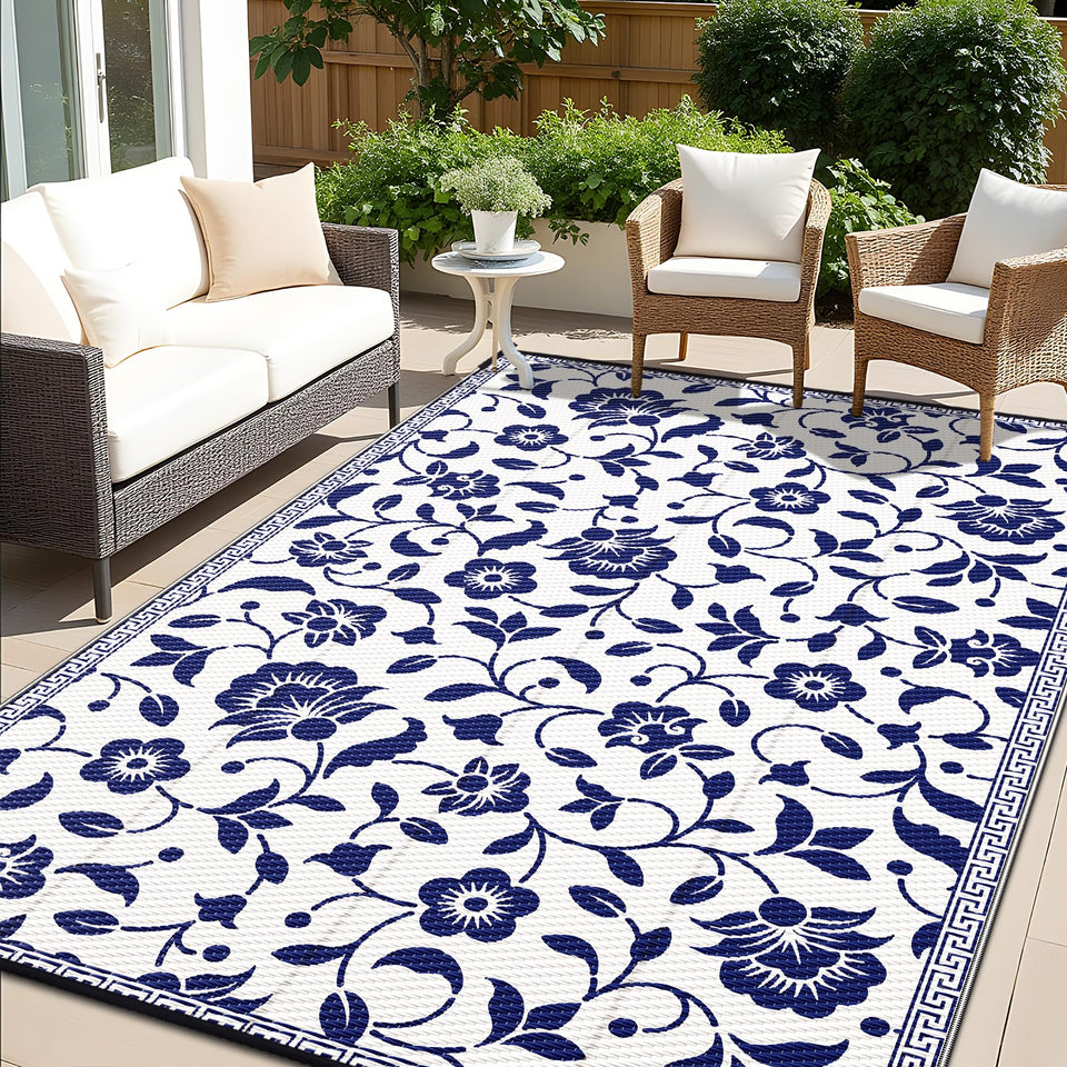 OLANLY waterproof outdoor rug with navy and white floral pattern for patios.