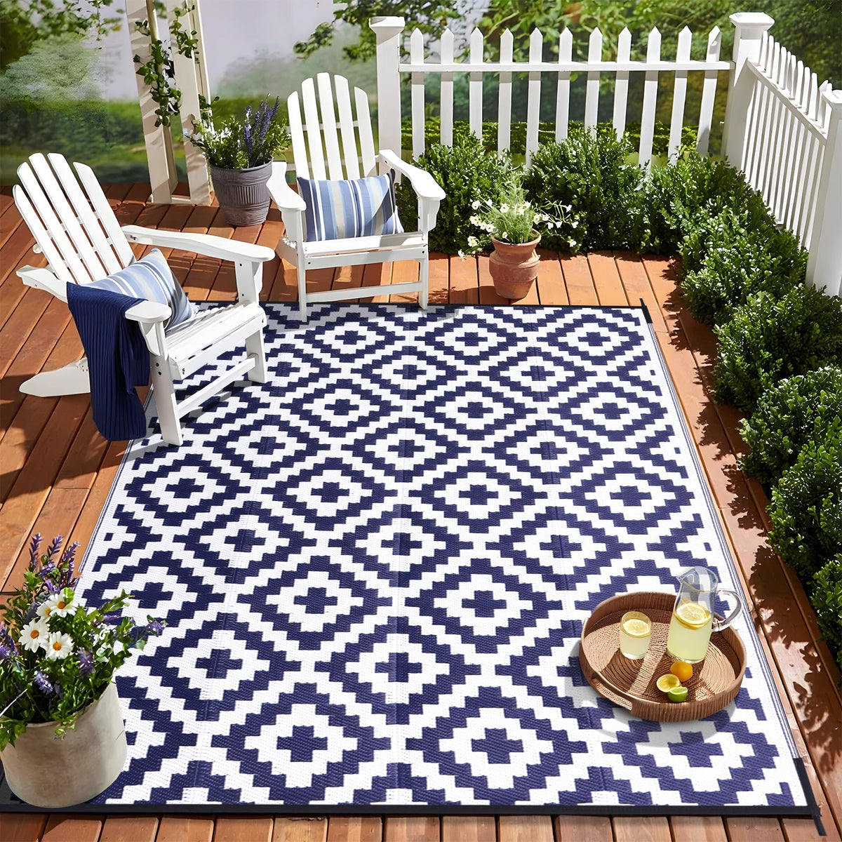 OLANLY 6x9 navy and white outdoor rug, durable and easy to clean