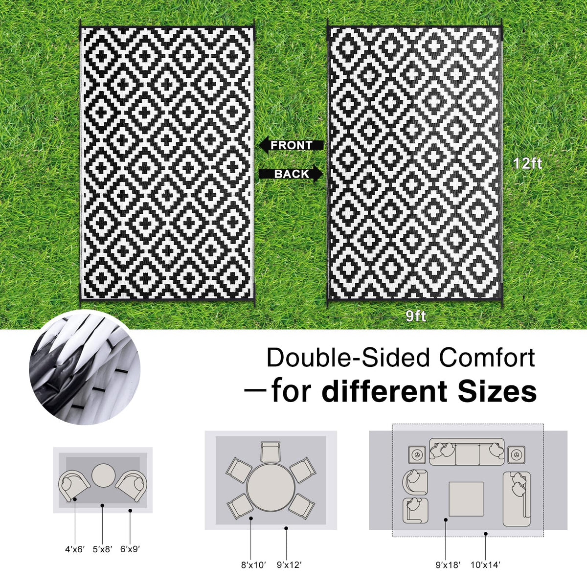 OLANLY waterproof outdoor rug reversible pattern close-up, easy style refresh for patios.