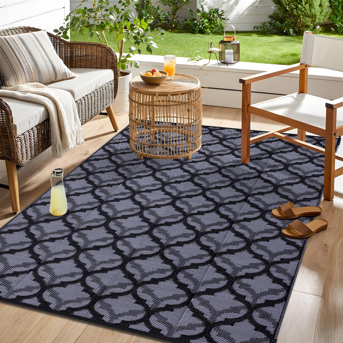 OLANLY reversible rug complements patios and balconies, quickly refreshing your space.