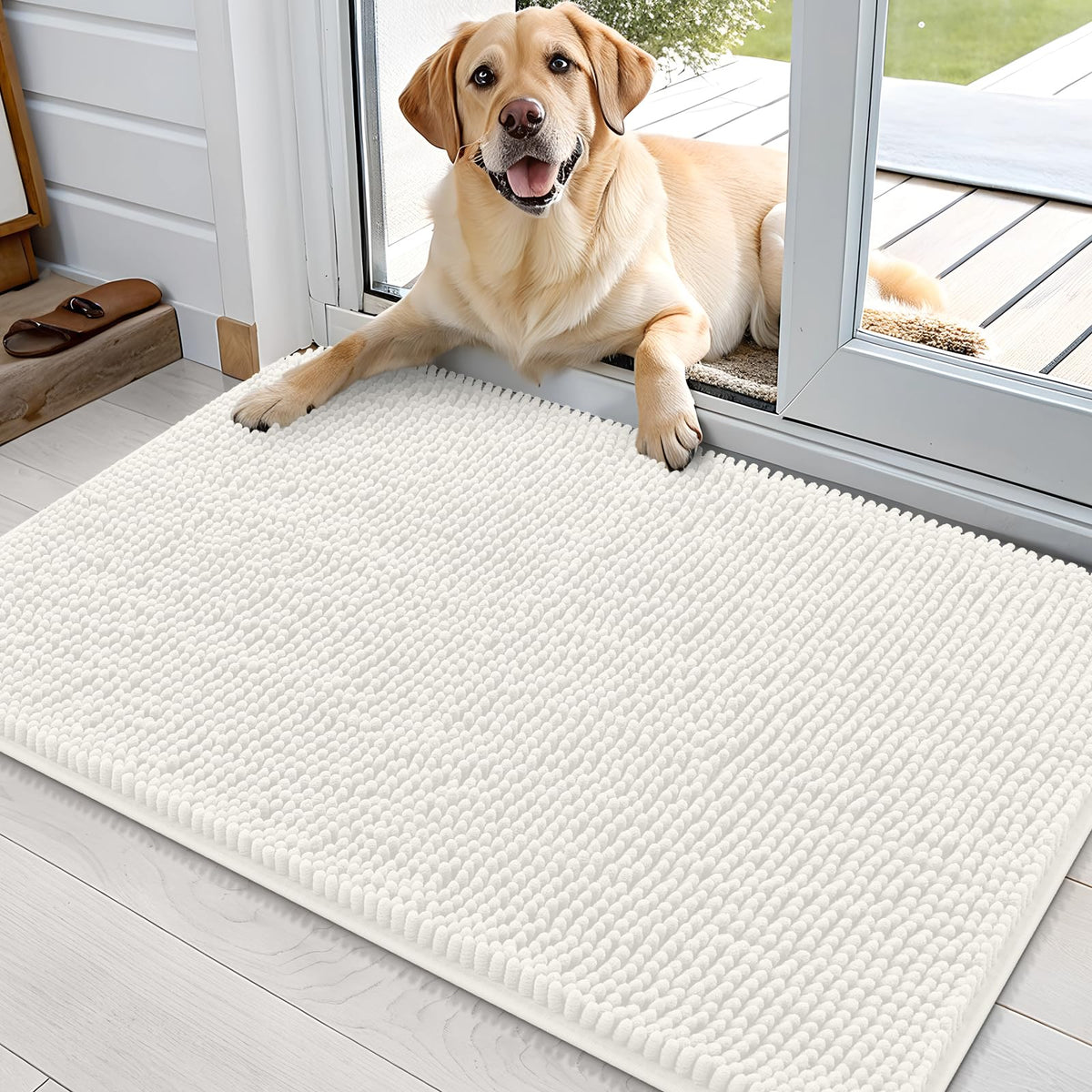 OLANLY dog door mat shows muddy paws; absorbs moisture to keep floors clean.