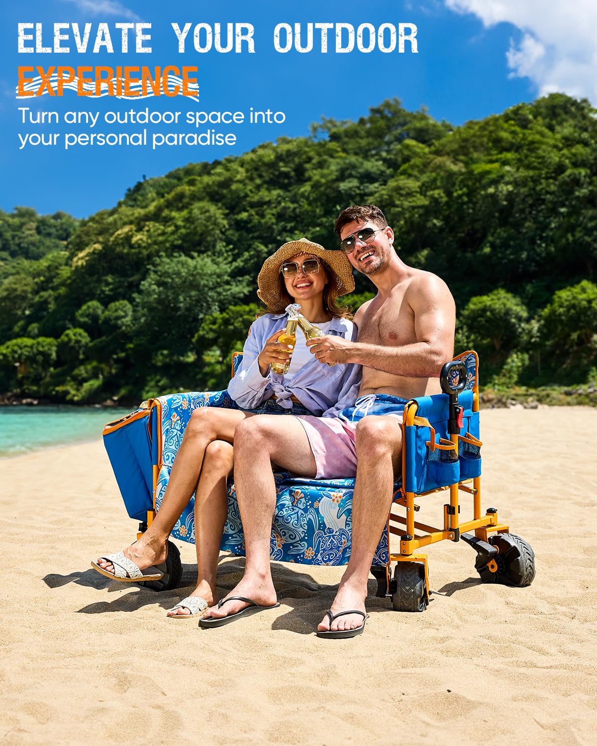 Old Bahama Bay 500lbs Love Seat Wagon side view with rugged wheels for beach or park