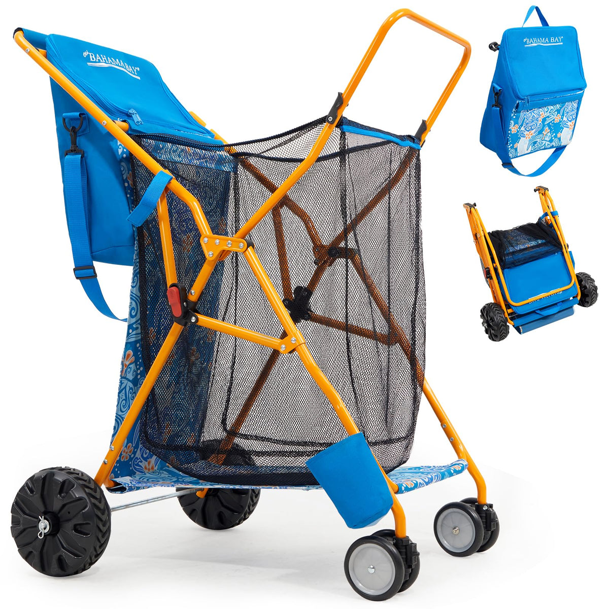 Old Bahama Bay beach cart with large wheels on sand for easy mobility.