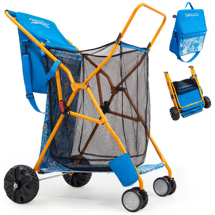 Old Bahama Bay beach cart with large wheels on sand for easy mobility.