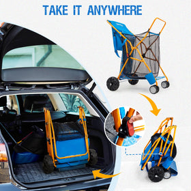 Old Bahama Bay beach cart mesh basket holds towels toys and gear.