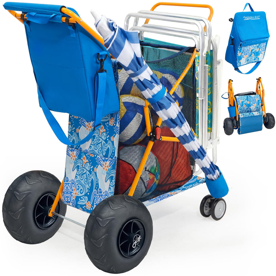 Old Bahama Bay beach cart with oversized 9in balloon wheels for smooth soft-sand glide.