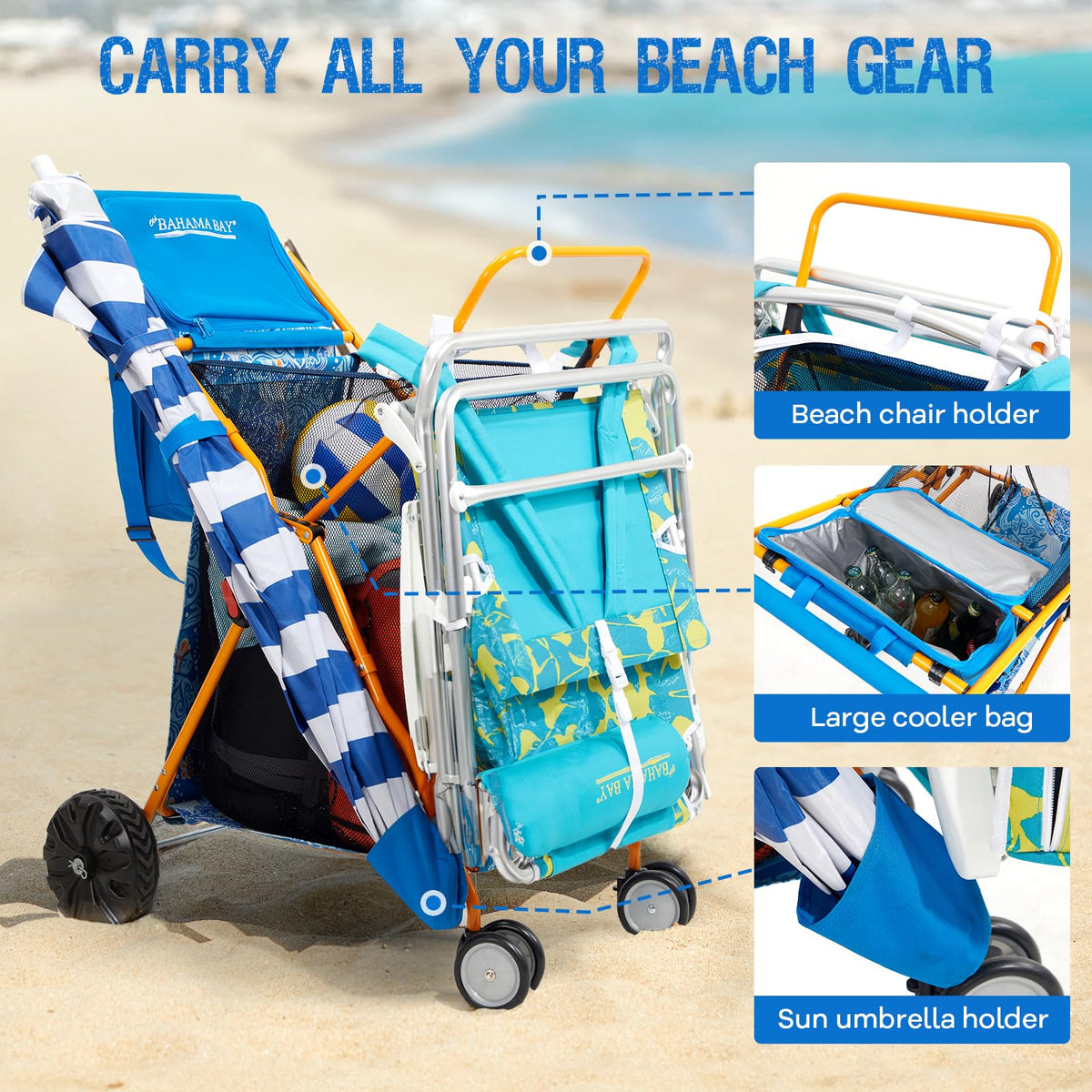 Old Bahama Bay beach cart umbrella holder keeps shade within reach.