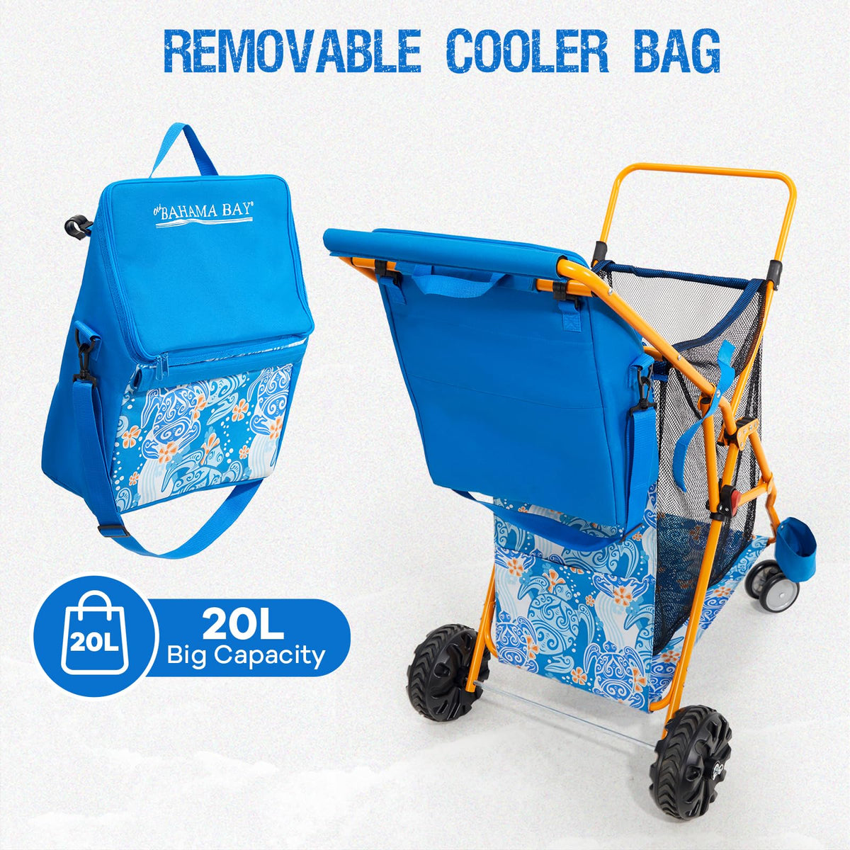 Old Bahama Bay beach cart wide wheelbase helps stability on uneven terrain.