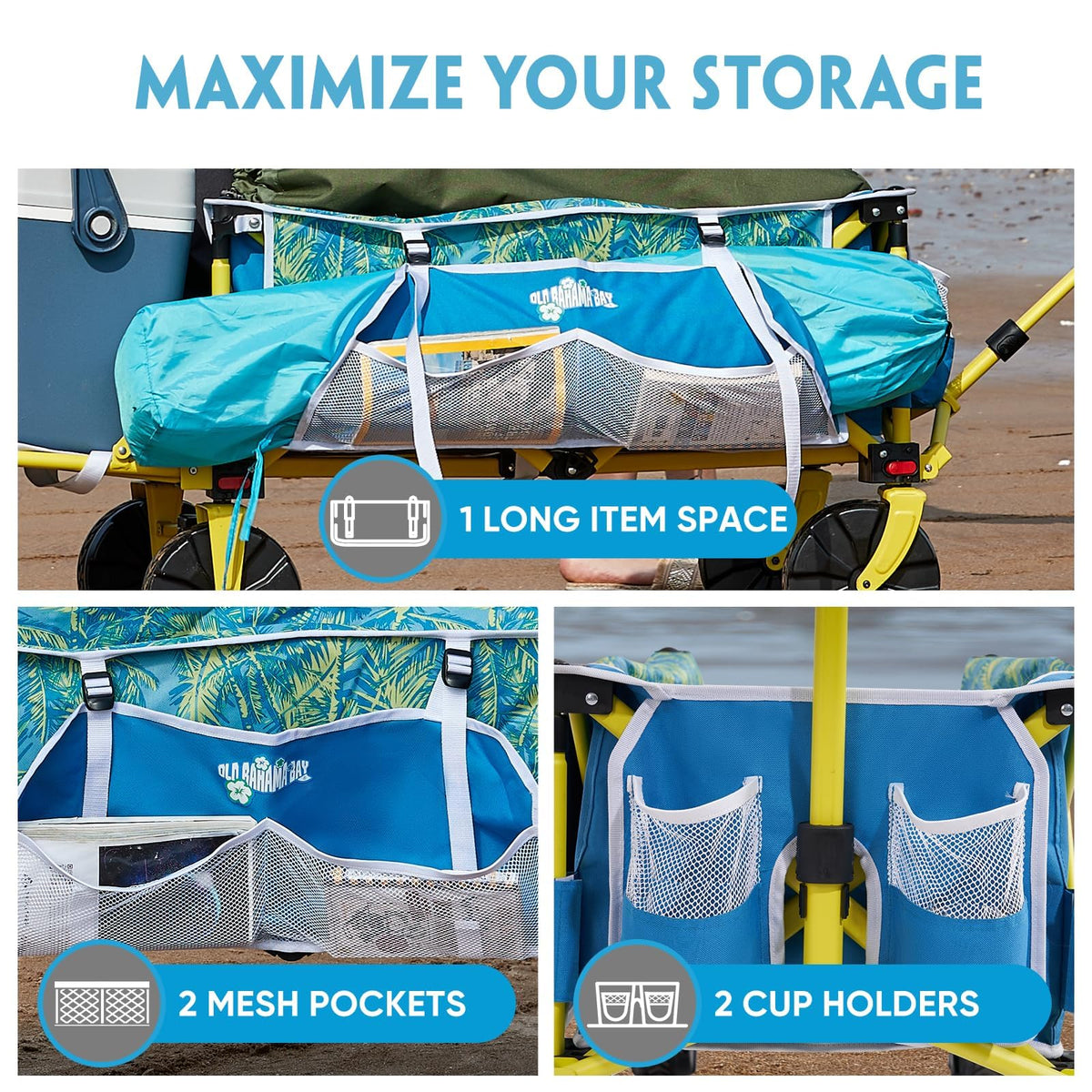 Old Bahama Bay Beach Wagon tailgate enables stable loading of long items like umbrellas