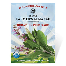 The Old Farmer's Almanac heirloom sage seeds packet front for reliable planting.