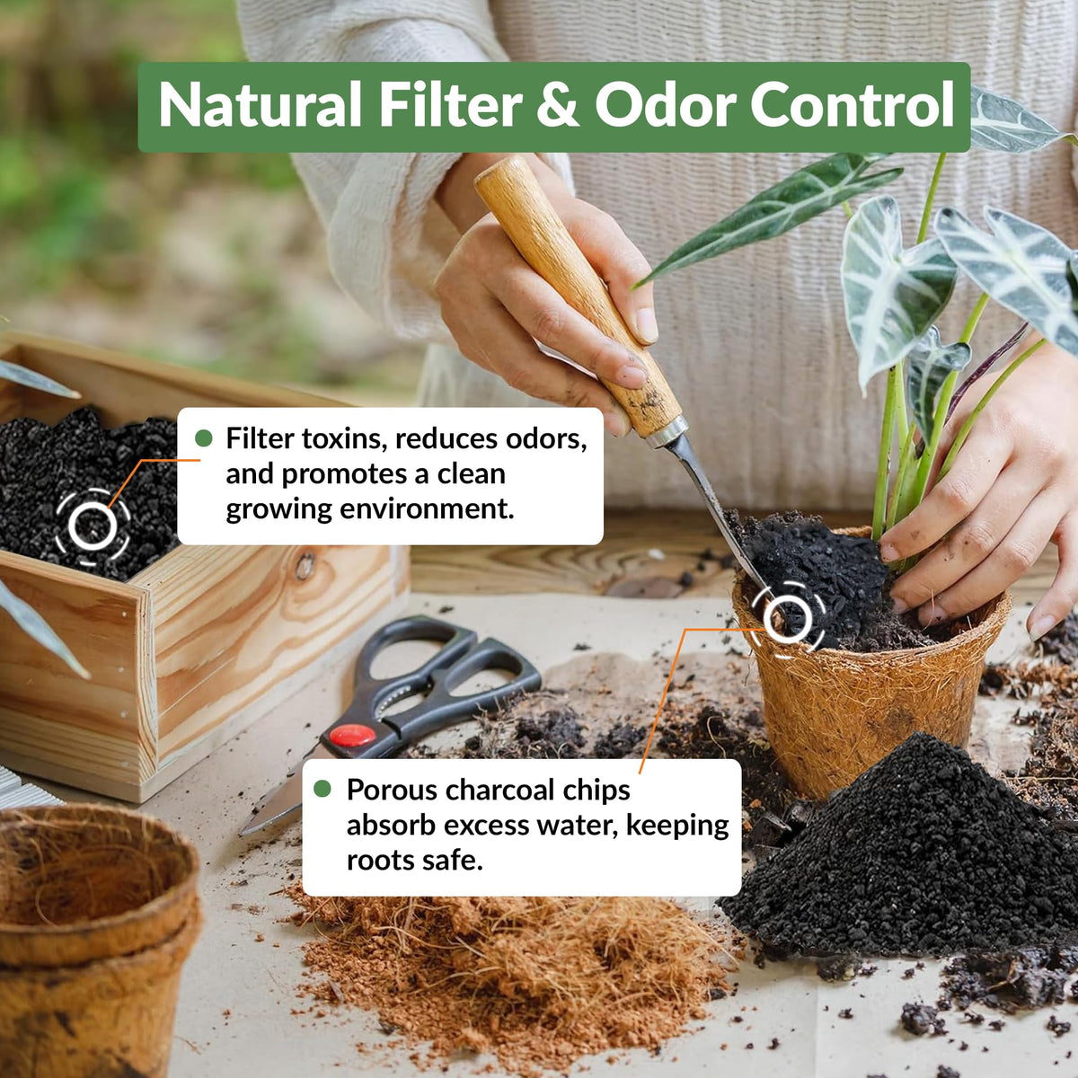 Old Potters charcoal chips suitable for indoor and outdoor container gardening.