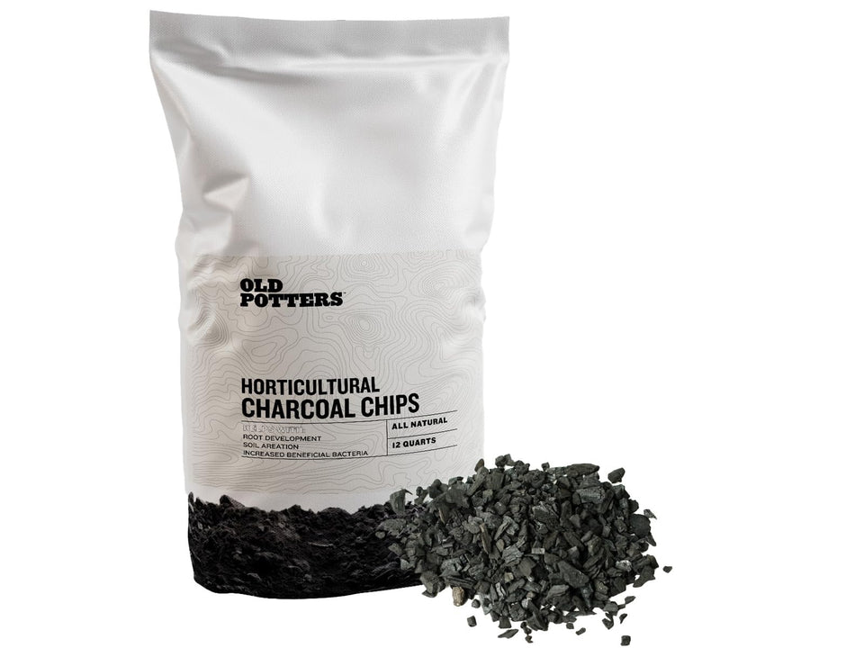 Old Potters charcoal chips pack front for improved soil aeration in containers.