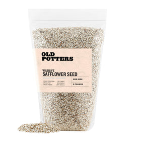 Old Potters wildlife safflower seed bag ready for backyard bird feeding.