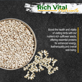 Old Potters safflower seed packaging shows Non-GMO and USA small farm grown.