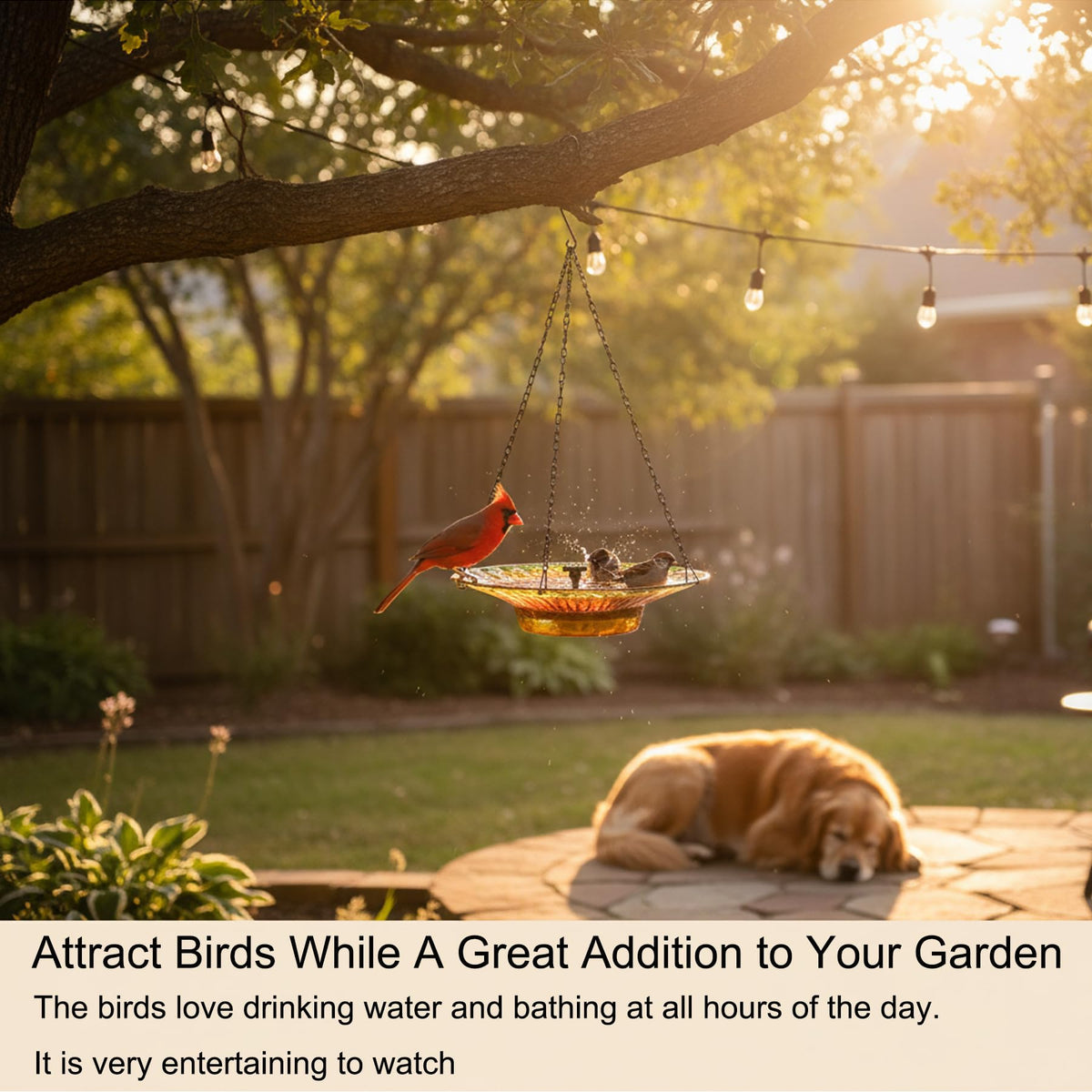 oligsky garden scene with bird bath attracting wildlife and enhancing decor
