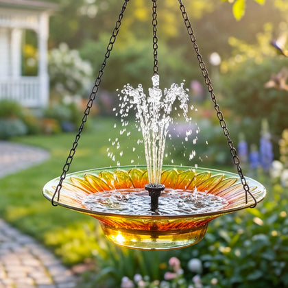 oligsky hanging bird bath solar fountain full view shows sun-powered water flow for birds