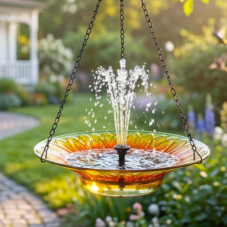 oligsky hanging bird bath solar fountain full view shows sun-powered water flow for birds