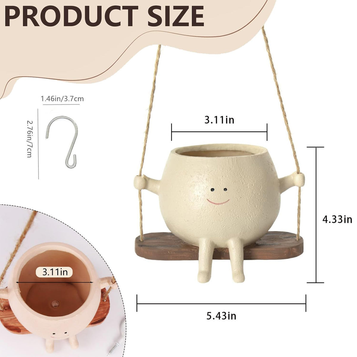 OLINLIFE hanging smiley planter closeup shows durable resin for outdoor use.