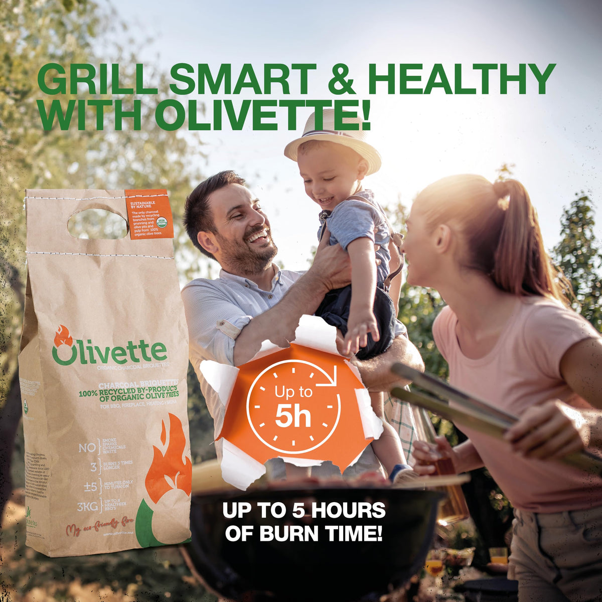 Olivette briquettes burn up to five hours with steady heat for long cooks.