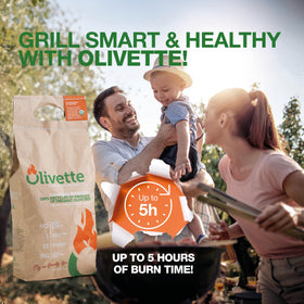 Olivette briquettes burn up to five hours with steady heat for long cooks.