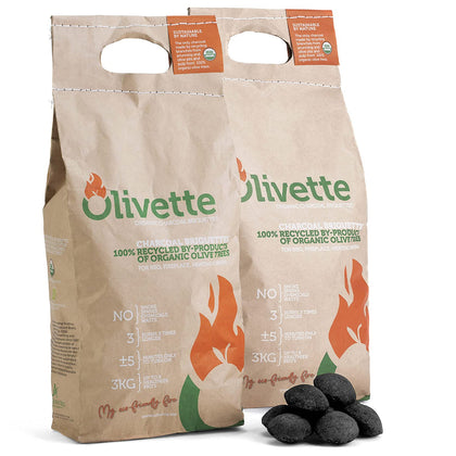Olivette Organic Charcoal Briquettes bag showing eco-friendly packaging for grilling.