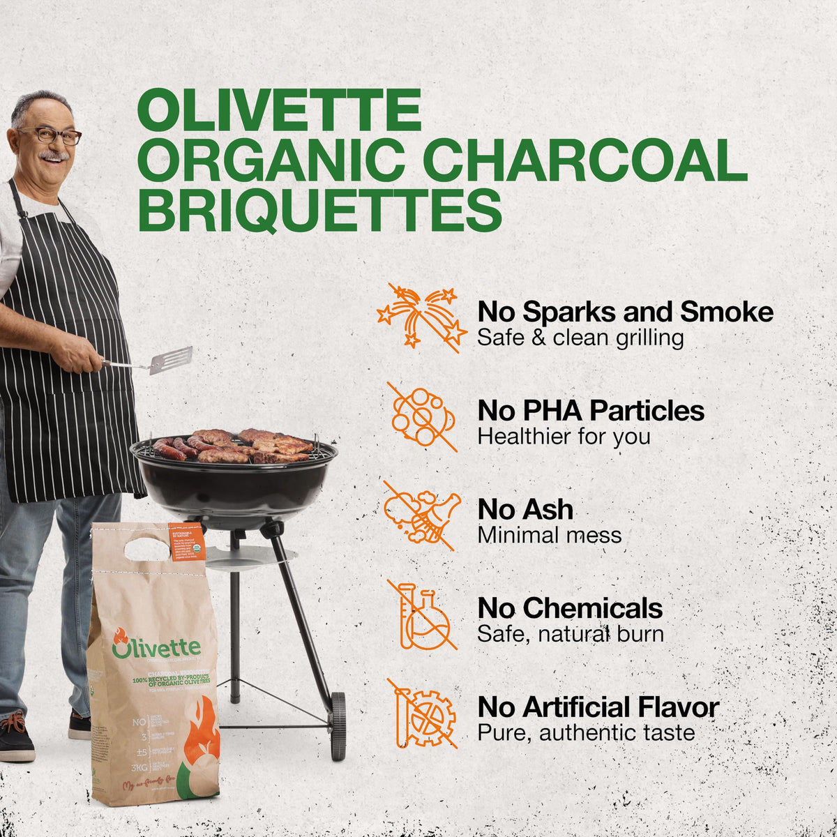 Recycled olive wood origin of Olivette charcoal briquettes.