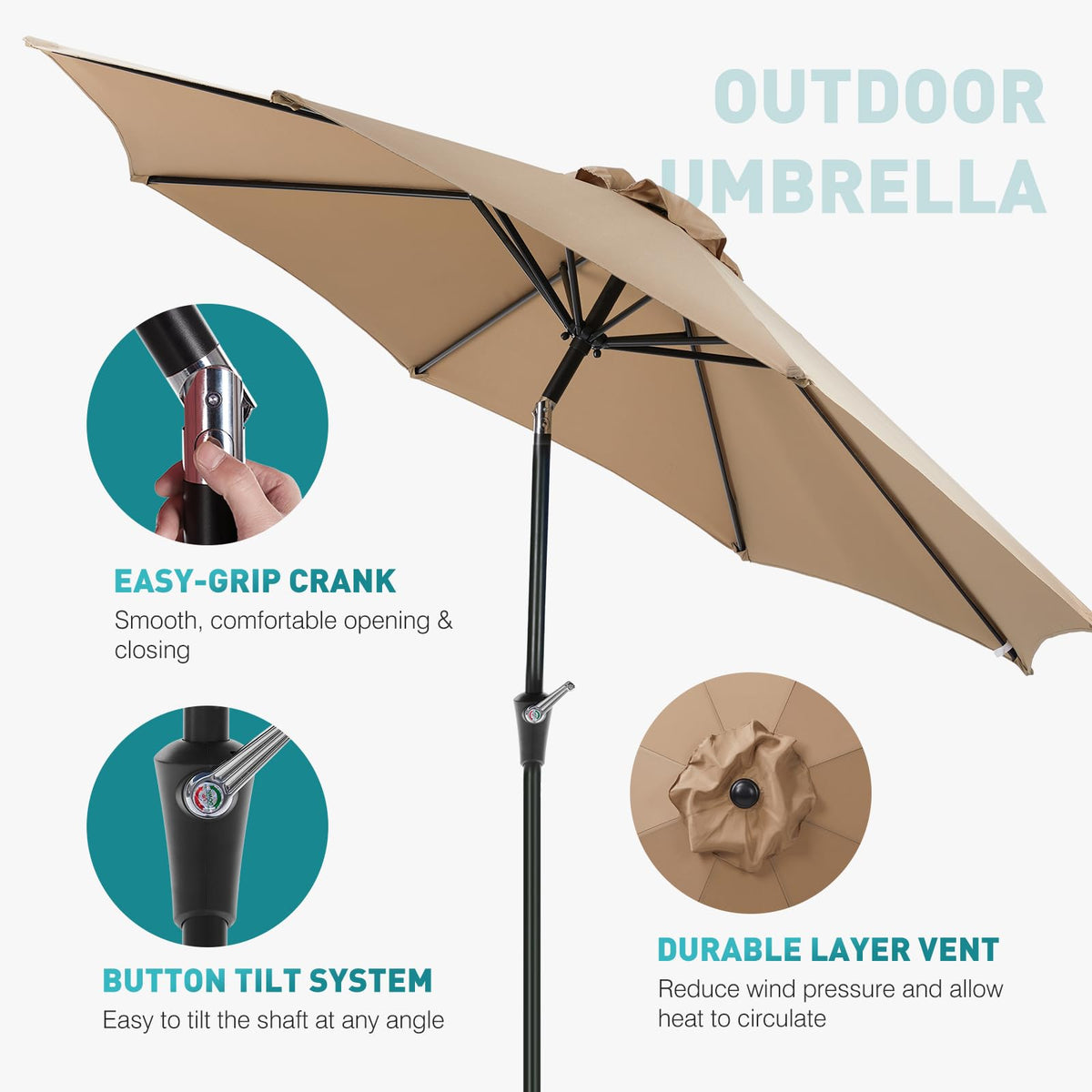 OLIXIS 8-rib patio umbrella structure ensures wind-stable shade.