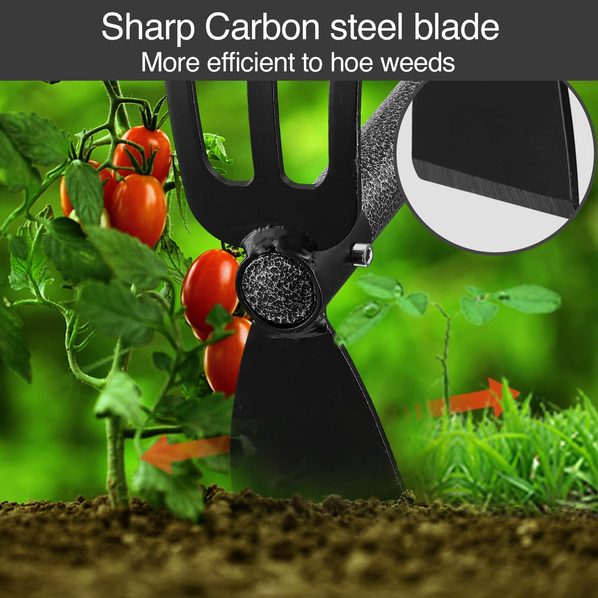 Oliynedy carbon steel hoe blade ready to cut through roots and stubborn weed.