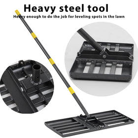 Oliynedy lawn leveling rake in garden highlighting versatility.