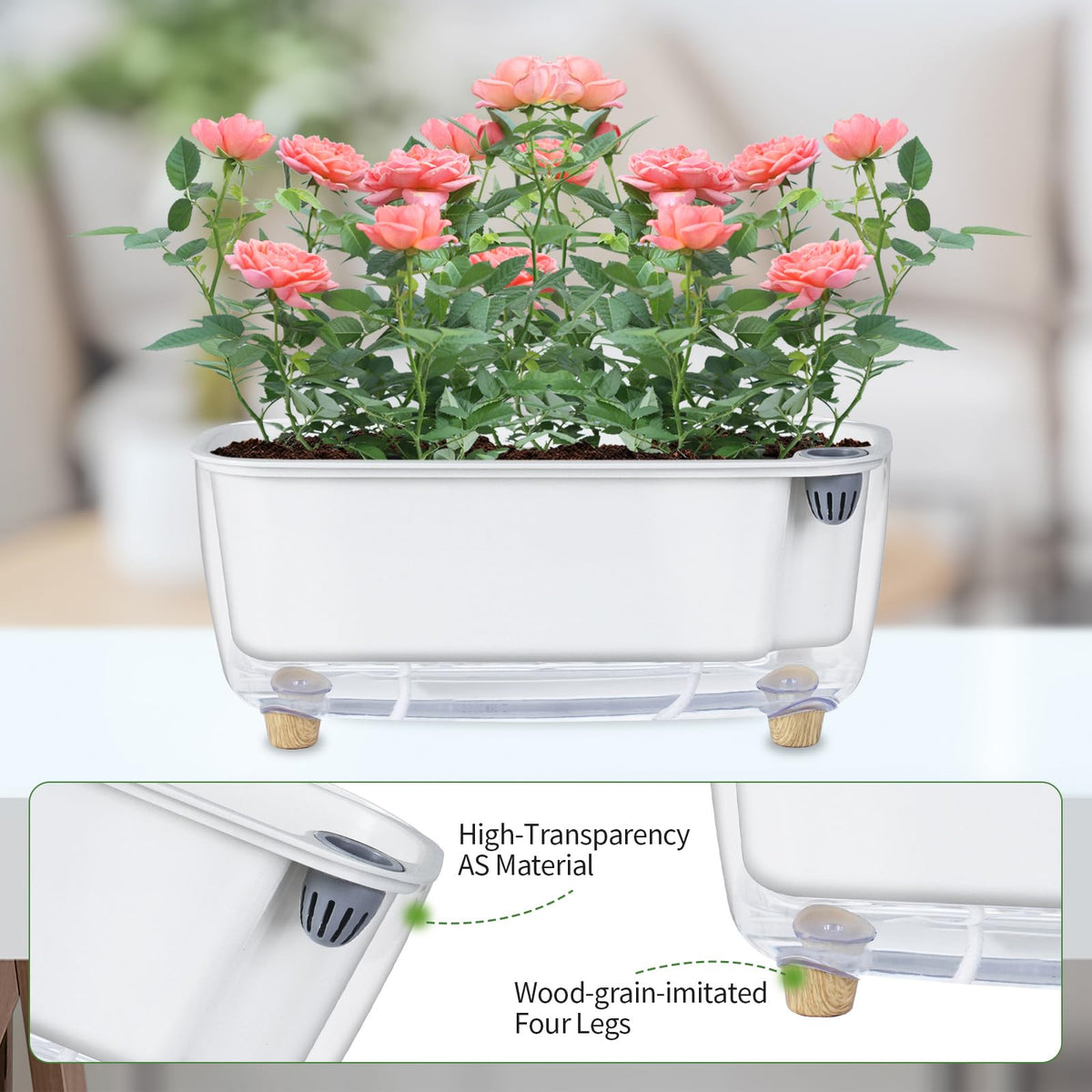 Oliz four wooden-textured legs elevating the planter for a neat display.